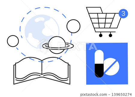 Education, e-commerce, healthcare, digital access, global learning, online shopping. Open book with planets, shopping cart with notification pill icons. Education and e-commerce concept Education, e-commerce, healthcare, digital access, global learning, online shopping. Open book with planets, shopping cart with notification pill icons. Education and e-commerce concept 139650274