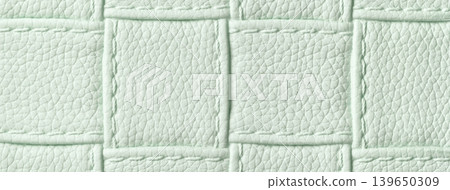 Texture light mint green leather background with quilted stitched pattern, macro. Abstract pastel sage upholstery surface 139650309