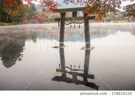 Yufuin Kinrinko morning mist and autumn leaves Yufuin Kinrinko morning mist and autumn leaves 139650328