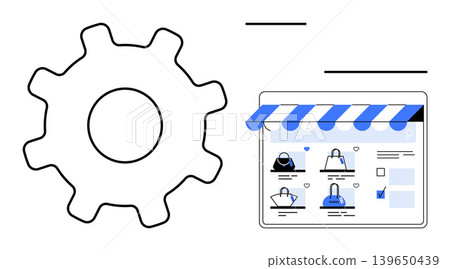 Online shopping, digital marketing, e-commerce tools, web development, SEO, and business management. Gear and storefront layout with product display. E-commerce tools and digital marketing concept Online shopping, digital marketing, e-commerce tools, web development, SEO, and business management. Gear and storefront layout with product display. E-commerce tools and digital marketing concept 139650439