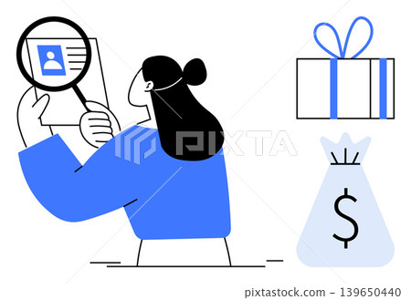 Identity verification, personal security, financial transactions, gift-giving, rewards, ecommerce. Woman examining ID card, gift box and money bag. Identity verification and personal security 139650440