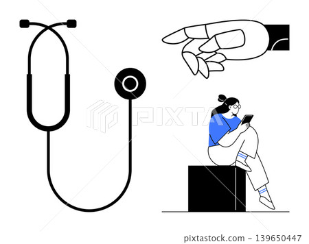 Telemedicine, healthcare apps, digital health, remote consultation, technology integration, diagnostics. Stethoscope, hand pointing and sitting woman using smartphone. Telemedicine and healthcare 139650447