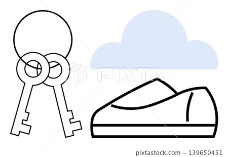 Security, travel, access, minimalism, personal items, symbolic imagery. Line art of two keys, a shoe and a cloud. Security and travel concepts through simple icons Security, travel, access, minimalism, personal items, symbolic imagery. Line art of two keys, a shoe and a cloud. Security and travel concepts through simple icons 139650451