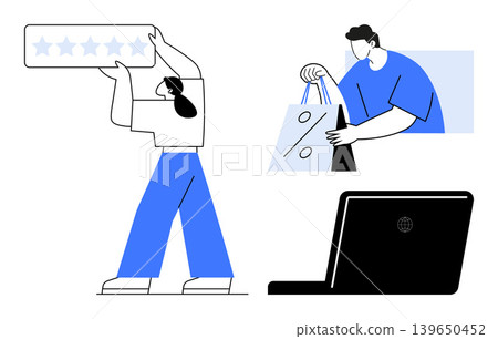 Online shopping, e-commerce, digital marketing, customer experience, product reviews, retail sales. A person holding a review rating and another carrying shopping bags. Online shopping and e-commerce Online shopping, e-commerce, digital marketing, customer experience, product reviews, retail sales. A person holding a review rating and another carrying shopping bags. Online shopping and e-commerce 139650452