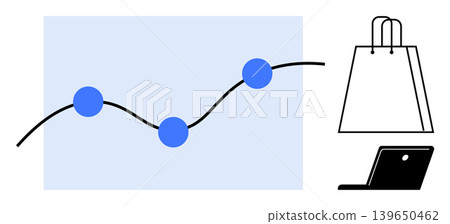 E-commerce, online retail, sales trends, digital shopping, consumer trends, data analysis. Graph with blue nodes, shopping bag and laptop. E-commerce and online retail concept 139650462