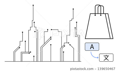 Smart city infrastructure, e-commerce innovations, global trade, digital transformation, automation, communication networks. Abstract layout of buildings with digital nodes and a shopping bag icon Smart city infrastructure, e-commerce innovations, global trade, digital transformation, automation, communication networks. Abstract layout of buildings with digital nodes and a shopping bag icon 139650467