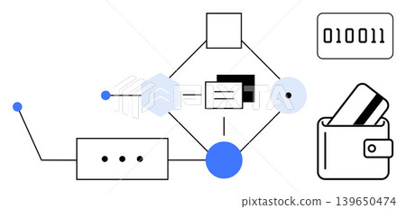 Fintech, digital payments, blockchain security, cryptocurrency wallet, online transactions, data encryption. Abstract diagram with wallet, binary code and connection lines. Digital payments 139650474