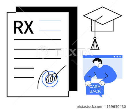 Financial aid, education, health services, online transactions, savings, scholarship funding. A prescription form, graduation cap and person with cashback. Financial aid and education Financial aid, education, health services, online transactions, savings, scholarship funding. A prescription form, graduation cap and person with cashback. Financial aid and education 139650480