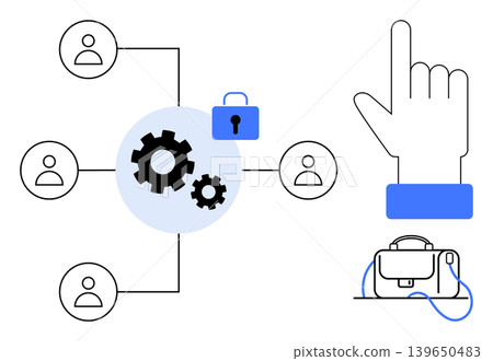 Digital security, data management, teamwork collaboration, online connectivity, automation, user interface. Diagram with user icons, gears lock finger touch icon and briefcase. Digital security Digital security, data management, teamwork collaboration, online connectivity, automation, user interface. Diagram with user icons, gears lock finger touch icon and briefcase. Digital security 139650483