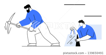 E-commerce, consumer behavior, retail discounts, working hard, economic value, productivity. A man mining and another holding a shopping bag with a percentage sign. E-commerce and consumer behavior E-commerce, consumer behavior, retail discounts, working hard, economic value, productivity. A man mining and another holding a shopping bag with a percentage sign. E-commerce and consumer behavior 139650491