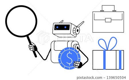 Robotics, artificial intelligence, financial analysis, e-commerce, business, online services. Robot with coin, magnifying glass briefcase and gift. Robotics and financial analysis concept Robotics, artificial intelligence, financial analysis, e-commerce, business, online services. Robot with coin, magnifying glass briefcase and gift. Robotics and financial analysis concept 139650504