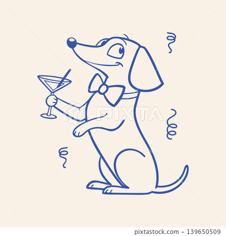 Cute dachshund dog with a glass of martini. Naive hand drawn sketch. 139650509