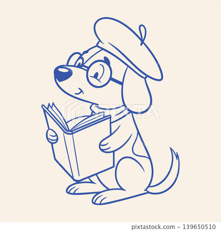 Cute dog in a beret and glasses reading a book. Naive hand drawn sketch. Cute dog in a beret and glasses reading a book. Naive hand drawn sketch. 139650510