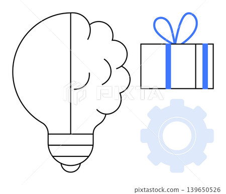 Creativity, innovation, problem-solving, technology concepts, teamwork, idea generation. Brain lightbulb, gift box gear mental processes. Creativity and innovation concept Creativity, innovation, problem-solving, technology concepts, teamwork, idea generation. Brain lightbulb, gift box gear mental processes. Creativity and innovation concept 139650526