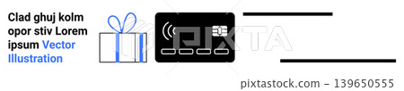Online shopping, payment systems, cashback, rewards programs, gift cards, e-commerce tools. Gift box icon alongside credit card illustration. Online shopping and payment systems concept Online shopping, payment systems, cashback, rewards programs, gift cards, e-commerce tools. Gift box icon alongside credit card illustration. Online shopping and payment systems concept 139650555