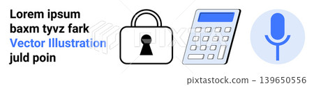 Data protection, technology, communication, security, privacy, encryption. A lock, calculator and microphone icon suggest secure communication. Data protection and technology focus Data protection, technology, communication, security, privacy, encryption. A lock, calculator and microphone icon suggest secure communication. Data protection and technology focus 139650556