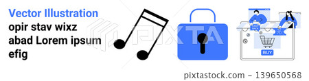 Cybersecurity, digital rights, online transactions, data protection, retail ecommerce, secure purchases. Music notes, padlock and ecommerce cart scene. Cybersecurity and digital rights concept Cybersecurity, digital rights, online transactions, data protection, retail ecommerce, secure purchases. Music notes, padlock and ecommerce cart scene. Cybersecurity and digital rights concept 139650568
