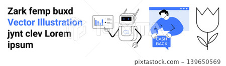 Financial tools, technology, automation, cashback, data analysis, modern services. Robot holding chart and man showing cashback sign, with a flower illustration. Technology and cashback concept 139650569