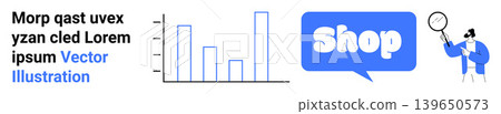 E-commerce, online shopping, business strategy, retail trends, data analysis, consumer insights. Bar chart, speech bubble with shop text and a figure holding a magnifying glass. E-commerce E-commerce, online shopping, business strategy, retail trends, data analysis, consumer insights. Bar chart, speech bubble with shop text and a figure holding a magnifying glass. E-commerce 139650573