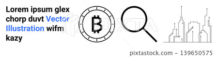 Cryptocurrency, Bitcoin finance, urban innovation, market analysis, search technology, cityscape planning. Bitcoin symbol, magnifying glass urban buildings. Cryptocurrency and market analysis 139650575