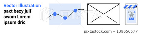 Digital marketing, analytics, communication, e-commerce, online services, information exchange. Graph chart, envelope shopping cart icon. Analytics and digital marketing concept Digital marketing, analytics, communication, e-commerce, online services, information exchange. Graph chart, envelope shopping cart icon. Analytics and digital marketing concept 139650577