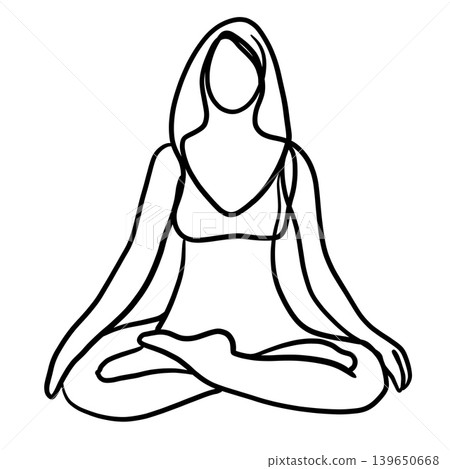 Woman yoga meditation line art sitting cross legged peaceful relaxation Woman yoga meditation line art sitting cross legged peaceful relaxation 139650668
