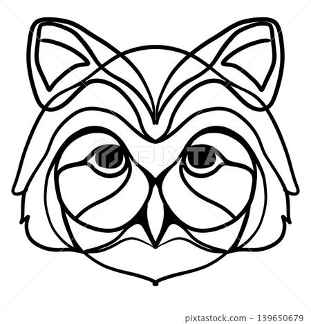 Owl face, abstract line art, black and white, symmetrical, animal illustration, modern style 139650679