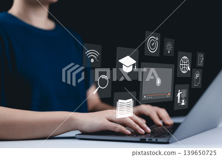 Online education and e-learning concept. A person use a laptop with icons representing online education, learning, knowledge sharing, educational tools, training, webinar on internet, digital courses, Online education and e-learning concept. A person use a laptop with icons representing online education, learning, knowledge sharing, educational tools, training, webinar on internet, digital courses, 139650725