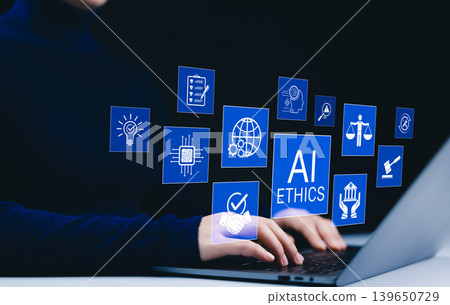 AI Ethics and Responsibility in Technology Concept. AI ethics and responsible artificial intelligence practices. Ethical AI development, fairness, and accountability for modern business and society. AI Ethics and Responsibility in Technology Concept. AI ethics and responsible artificial intelligence practices. Ethical AI development, fairness, and accountability for modern business and society. 139650729
