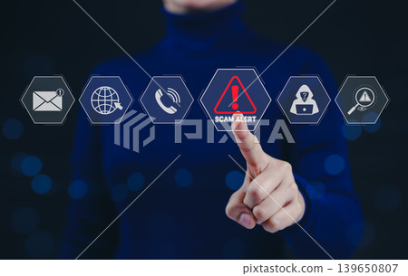 Cybersecurity scam alert warning concept. Cyber security scam alert, featuring icons for email, internet, calls, hacking, warnings, fraud detection, fraud prevention, Notifications and awareness, Cybersecurity scam alert warning concept. Cyber security scam alert, featuring icons for email, internet, calls, hacking, warnings, fraud detection, fraud prevention, Notifications and awareness, 139650807