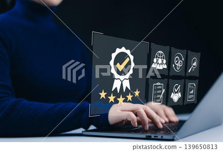 Standard Quality Control Certification Concept. quality control and assurance, featuring icons for certification, global standards, performance metrics, and compliance, ISO certification industrial, 139650813
