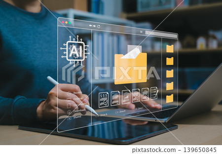AI document management system and digital file automation concept. Person using laptop with virtual folders, approved documents, search interface, cloud drives, data organization, workflow efficiency 139650845