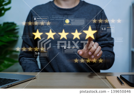 Five star customer review and online satisfaction rating concept. User selecting glowing star on virtual interface with 5 scores, feedback cards, service quality, trust, reputation, client experience 139650846