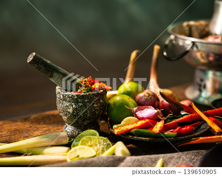 Traditional Thai herbs and spices with chili, lime, garlic and lemongrass beside seafood hot pot on rustic wooden table, authentic Asian cooking ingredients concept for restaurant menu Traditional Thai herbs and spices with chili, lime, garlic and lemongrass beside seafood hot pot on rustic wooden table, authentic Asian cooking ingredients concept for restaurant menu 139650905