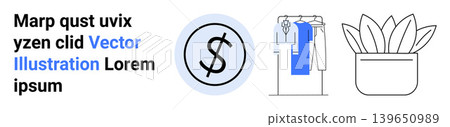 Finance, retail, interior decor, minimalism, e-commerce, investments. A dollar symbol, clothing rack and potted plant icon in minimal style. Finance and retail concepts with aesthetic visuals Finance, retail, interior decor, minimalism, e-commerce, investments. A dollar symbol, clothing rack and potted plant icon in minimal style. Finance and retail concepts with aesthetic visuals 139650989