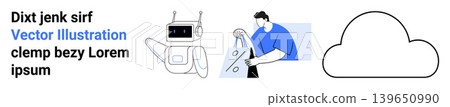 Artificial intelligence, e-commerce, digital connectivity, cloud storage, automation, online shopping. A robot, a person holding shopping bags and a cloud shape. Artificial intelligence Artificial intelligence, e-commerce, digital connectivity, cloud storage, automation, online shopping. A robot, a person holding shopping bags and a cloud shape. Artificial intelligence 139650990