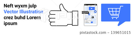 E-commerce, online shopping, digital marketing, user experience, mobile app design, social media interaction. A thumbs-up symbol, smartphone interface and cart icon. E-commerce and online shopping E-commerce, online shopping, digital marketing, user experience, mobile app design, social media interaction. A thumbs-up symbol, smartphone interface and cart icon. E-commerce and online shopping 139651015