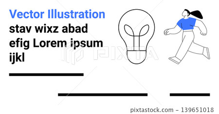 Innovation, creativity, energy, business concepts, design, branding. Lightbulb icon, stylized woman running placeholder text and abstract lines. Innovation and creativity concept Innovation, creativity, energy, business concepts, design, branding. Lightbulb icon, stylized woman running placeholder text and abstract lines. Innovation and creativity concept 139651018