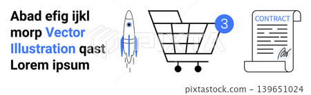 Startup ideas, e-commerce, online agreements, contracts, digital success, innovation. Image showcases a rocket, shopping cart with notification and signed contract. Startup ideas and e-commerce Startup ideas, e-commerce, online agreements, contracts, digital success, innovation. Image showcases a rocket, shopping cart with notification and signed contract. Startup ideas and e-commerce 139651024