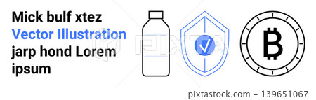 Cryptocurrency, financial security, eco-consciousness, blockchain, digital economy, digital identity. A bottle, shield with checkmark and Bitcoin symbol. Cryptocurrency and financial security Cryptocurrency, financial security, eco-consciousness, blockchain, digital economy, digital identity. A bottle, shield with checkmark and Bitcoin symbol. Cryptocurrency and financial security 139651067