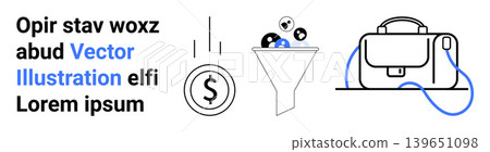 Business workflow, financial planning, marketing strategies, money management, investment analysis, work balance. Funnel filtering coins, briefcase vector icons. Business workflow and financial Business workflow, financial planning, marketing strategies, money management, investment analysis, work balance. Funnel filtering coins, briefcase vector icons. Business workflow and financial 139651098
