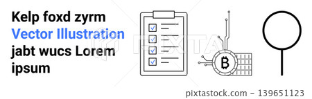 Task management, blockchain security, digital finance, cryptocurrency, information search, online technology. A checklist, Bitcoin symbol with circuits and magnifying glass. Blockchain security Task management, blockchain security, digital finance, cryptocurrency, information search, online technology. A checklist, Bitcoin symbol with circuits and magnifying glass. Blockchain security 139651123