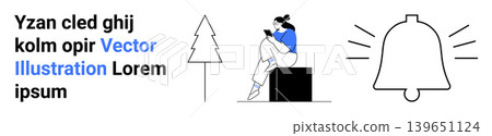 Education, nature, notifications, technology, relaxation, minimalism. A woman reading outdoors next to a tree and a ringing bell icon. Education and notifications conceptual Education, nature, notifications, technology, relaxation, minimalism. A woman reading outdoors next to a tree and a ringing bell icon. Education and notifications conceptual 139651124