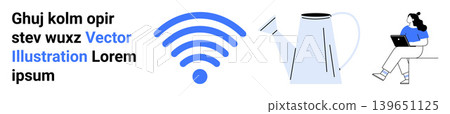 Digital communication, remote work, internet usage, technology, streaming, connectivity. wireless symbol next to a watering can and a person using a laptop. Digital communication and remote work Digital communication, remote work, internet usage, technology, streaming, connectivity. wireless symbol next to a watering can and a person using a laptop. Digital communication and remote work 139651125