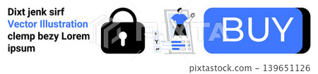 Online shopping, data security, digital transactions, e-commerce platforms, secure payments, consumer protection. Lock symbol, data visualization buy button. Cybersecurity and online shopping Online shopping, data security, digital transactions, e-commerce platforms, secure payments, consumer protection. Lock symbol, data visualization buy button. Cybersecurity and online shopping 139651126