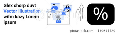 Online shopping, e-commerce growth, discount offers, marketing strategies, sales analysis, web development. Digital shopping cart, users interacting percentage icon and arrows. E-commerce Online shopping, e-commerce growth, discount offers, marketing strategies, sales analysis, web development. Digital shopping cart, users interacting percentage icon and arrows. E-commerce 139651129