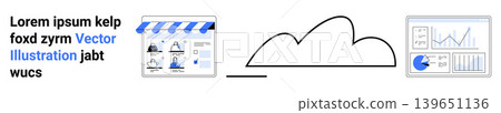 Digital marketing, data analysis, cloud storage, e-commerce, online business, technology. A storefront, cloud icon and analytics dashboard. Online business and data analysis concept 139651136