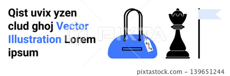 Fashion, business strategy, e-commerce, branding, creativity, decision-making. Visuals show a blue handbag, a chess king and a flag. Focus on fashion and business strategy concepts Fashion, business strategy, e-commerce, branding, creativity, decision-making. Visuals show a blue handbag, a chess king and a flag. Focus on fashion and business strategy concepts 139651244