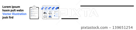 E-commerce, digital marketing, online business, data management, market analytics, web design. Clipboard with data icons and store banner. E-commerce and digital marketing concept E-commerce, digital marketing, online business, data management, market analytics, web design. Clipboard with data icons and store banner. E-commerce and digital marketing concept 139651254