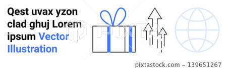 Product development, global outreach, innovation, progress concepts, gift giving, business success. A gift box with a bow, arrows pointing upward and a globe. Innovation and global outreach Product development, global outreach, innovation, progress concepts, gift giving, business success. A gift box with a bow, arrows pointing upward and a globe. Innovation and global outreach 139651267